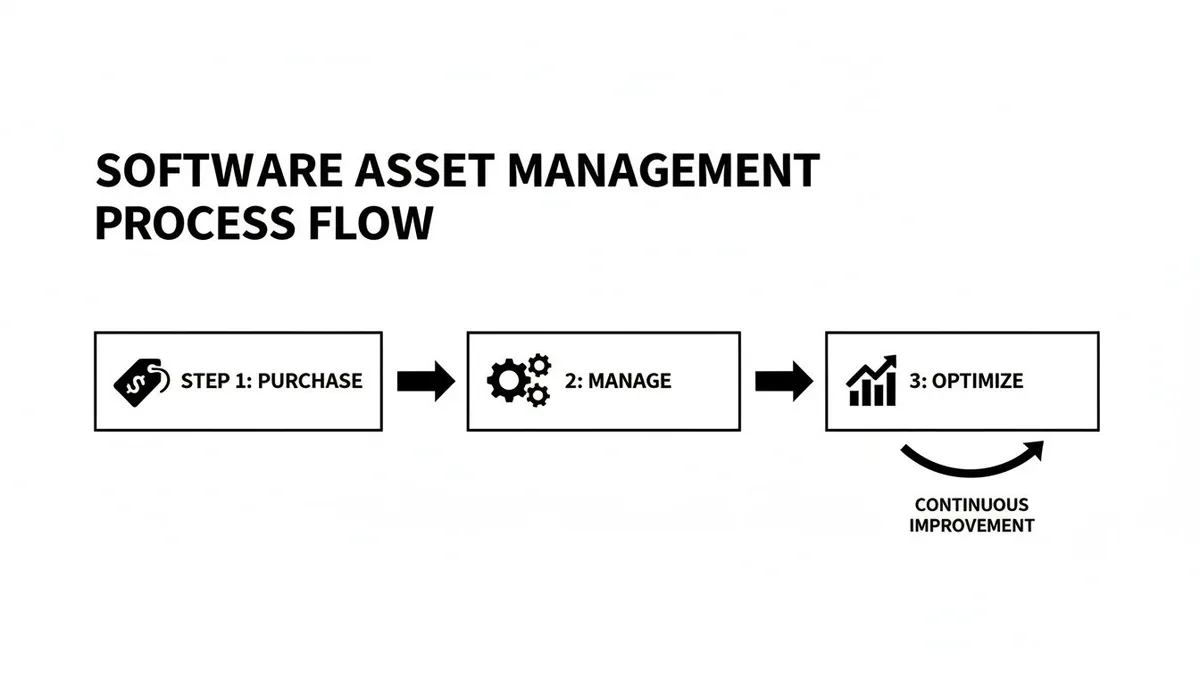 Diagram illustrating the Software Asset Management (SAM) process flow, encompassing purchase, manage, and optimize stages with continuous improvement.