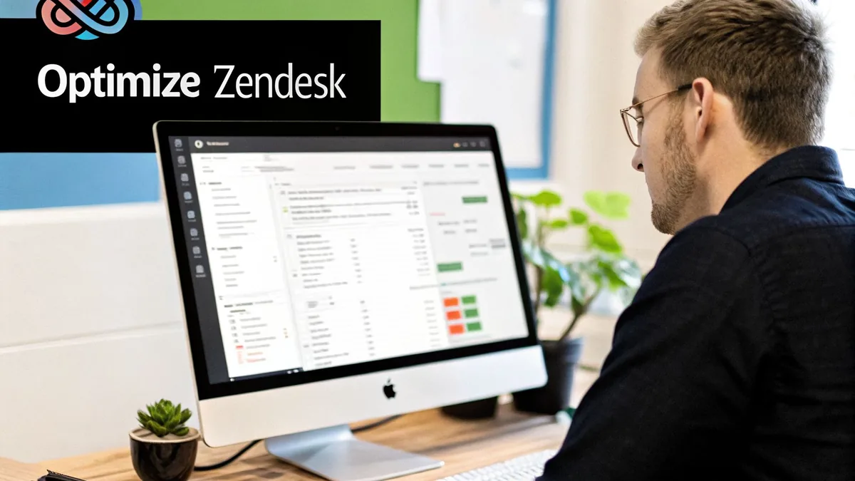 Man in glasses optimizes Zendesk on an iMac, viewing data and performance metrics.