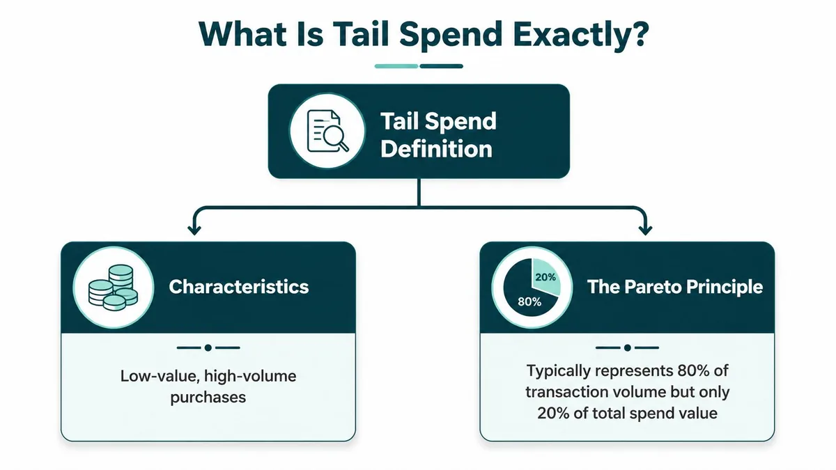 A diagram defining tail spend through its core characteristics and the application of the Pareto principle.