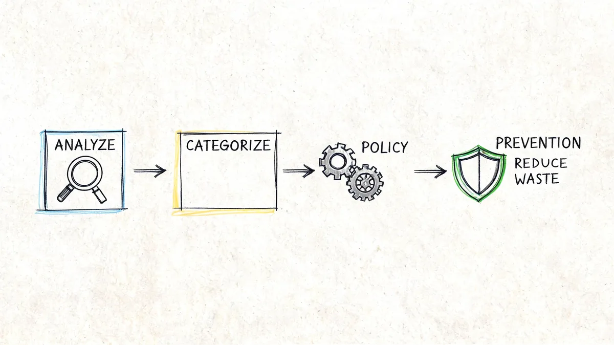 A diagram illustrating the four-step process of analyzing, categorizing, establishing policy, and preventing waste.