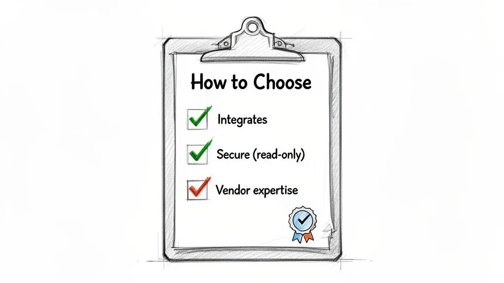 A clipboard with a checklist titled 'How to Choose', showing criteria like integration, security, and vendor expertise.