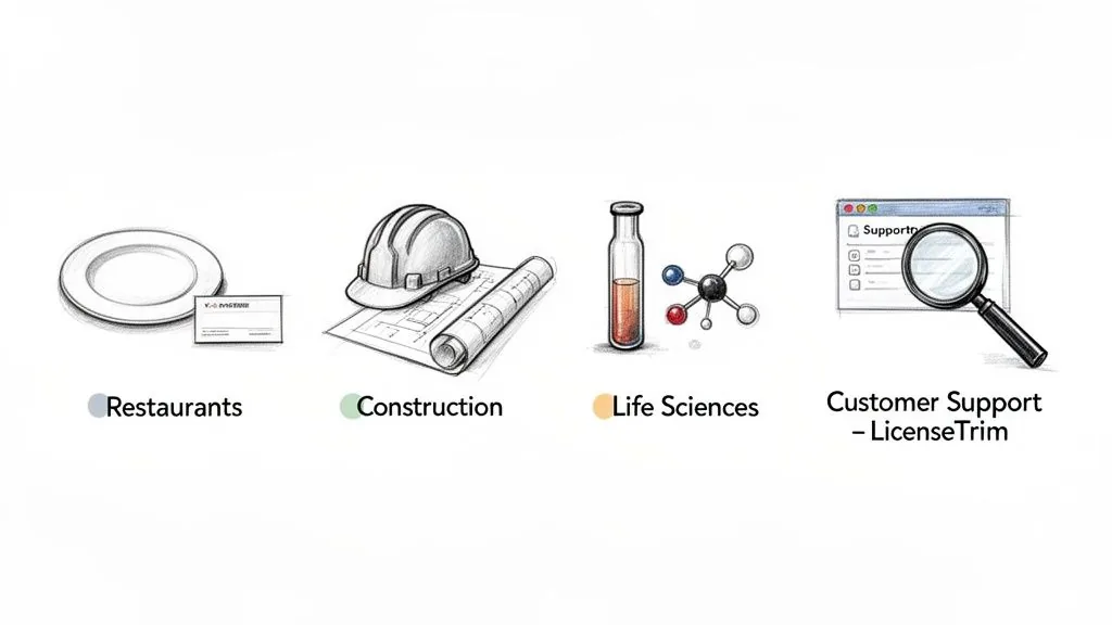 Illustrations of industries: restaurants, construction, life sciences, and customer support with LicenseTrim.