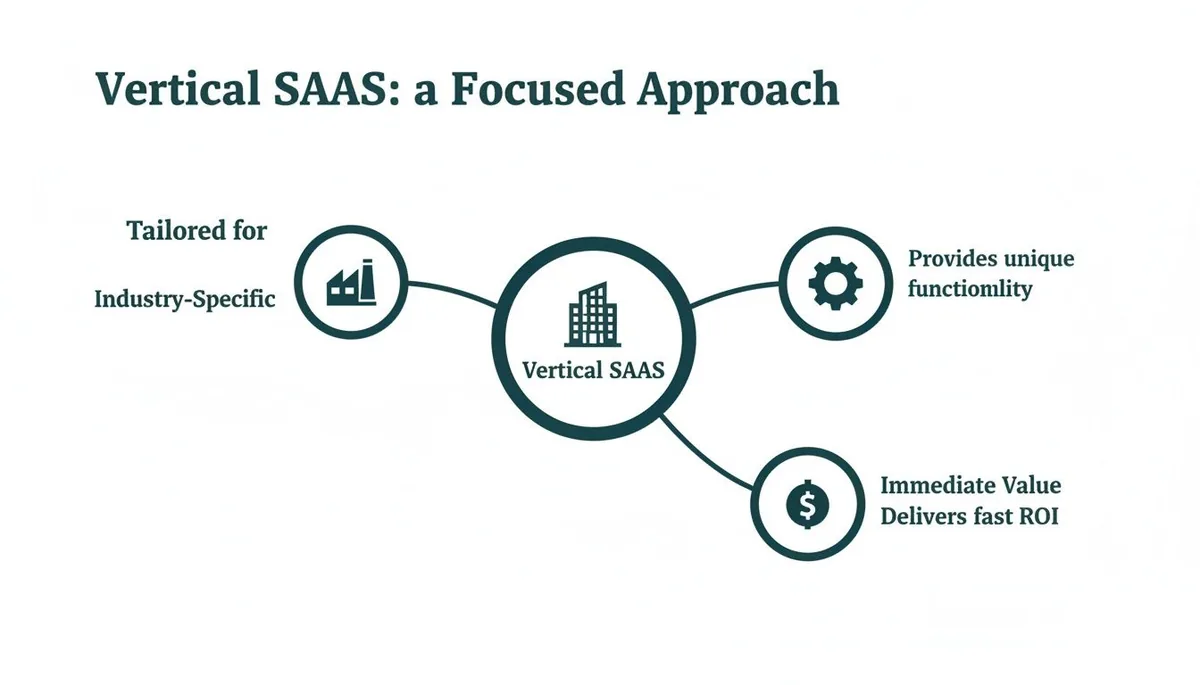 Diagram explaining Vertical SAAS, emphasizing its industry-specific focus, unique functionality, and immediate value with fast ROI.