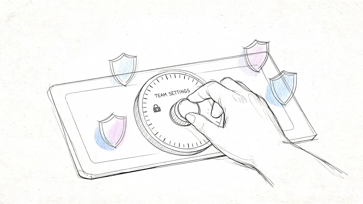 A hand adjusts a safe dial on a tablet screen labeled Team Settings with security shield icons.