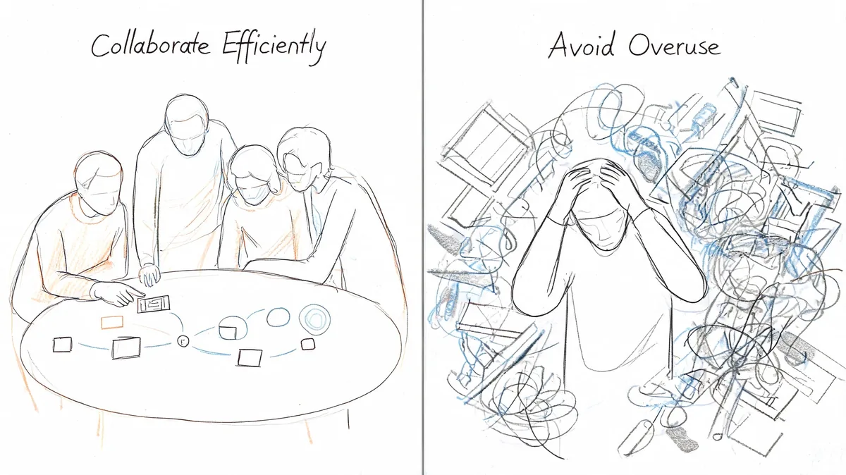 A line drawing comparison showing collaborative teamwork on the left versus individual overwhelm and clutter on the right.