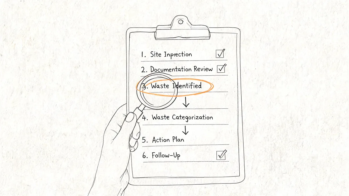 A hand-drawn clipboard listing a six-step process for waste identification and management, viewed through a magnifying glass.